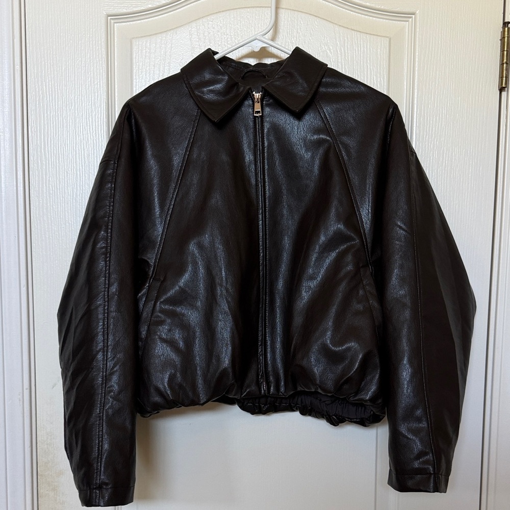 Zara Brown Faux Leather Zip Bomber Jacket